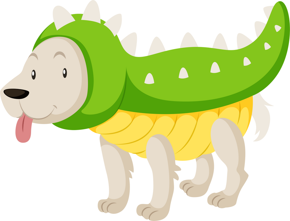 Little dog wearing dinosaur costume
